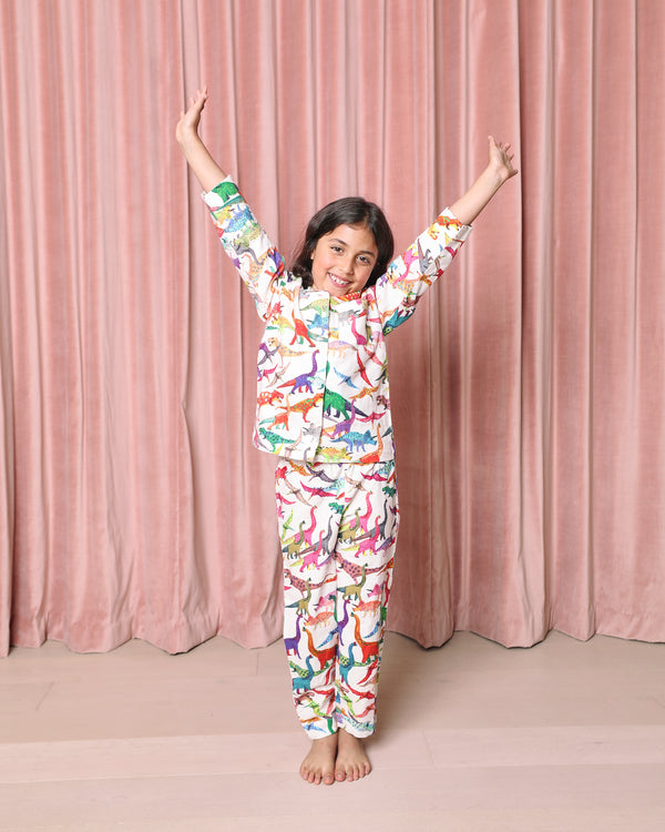 Dino Max White Flannelette LS Shirt & Pant Pyjama Set