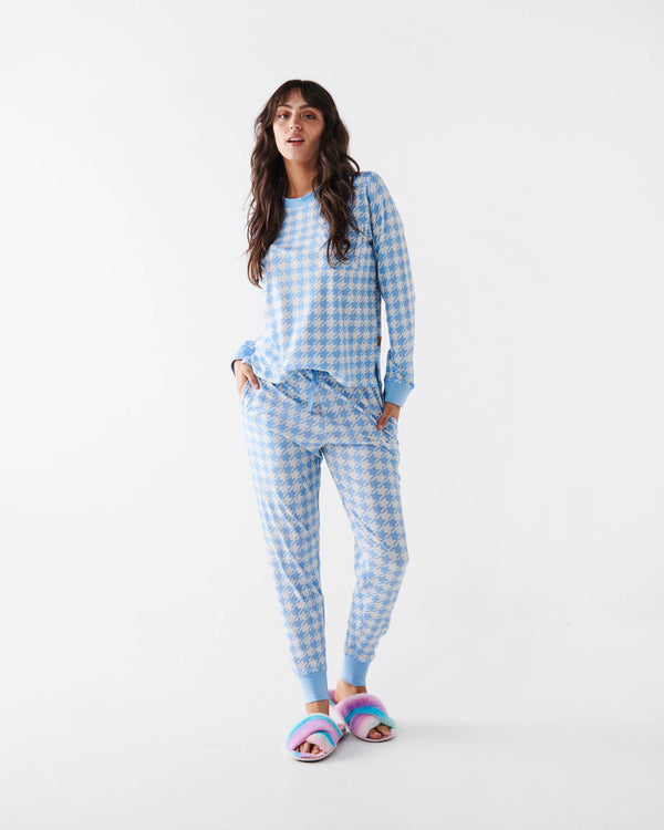 Houndstooth Blue Organic Cotton Long Sleeve Pyjama Top & Slouch Pant Pyjama Set