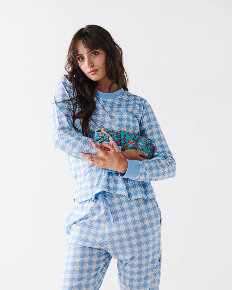 Houndstooth Blue Organic Cotton Long Sleeve Pyjama Top & Slouch Pant Pyjama Set
