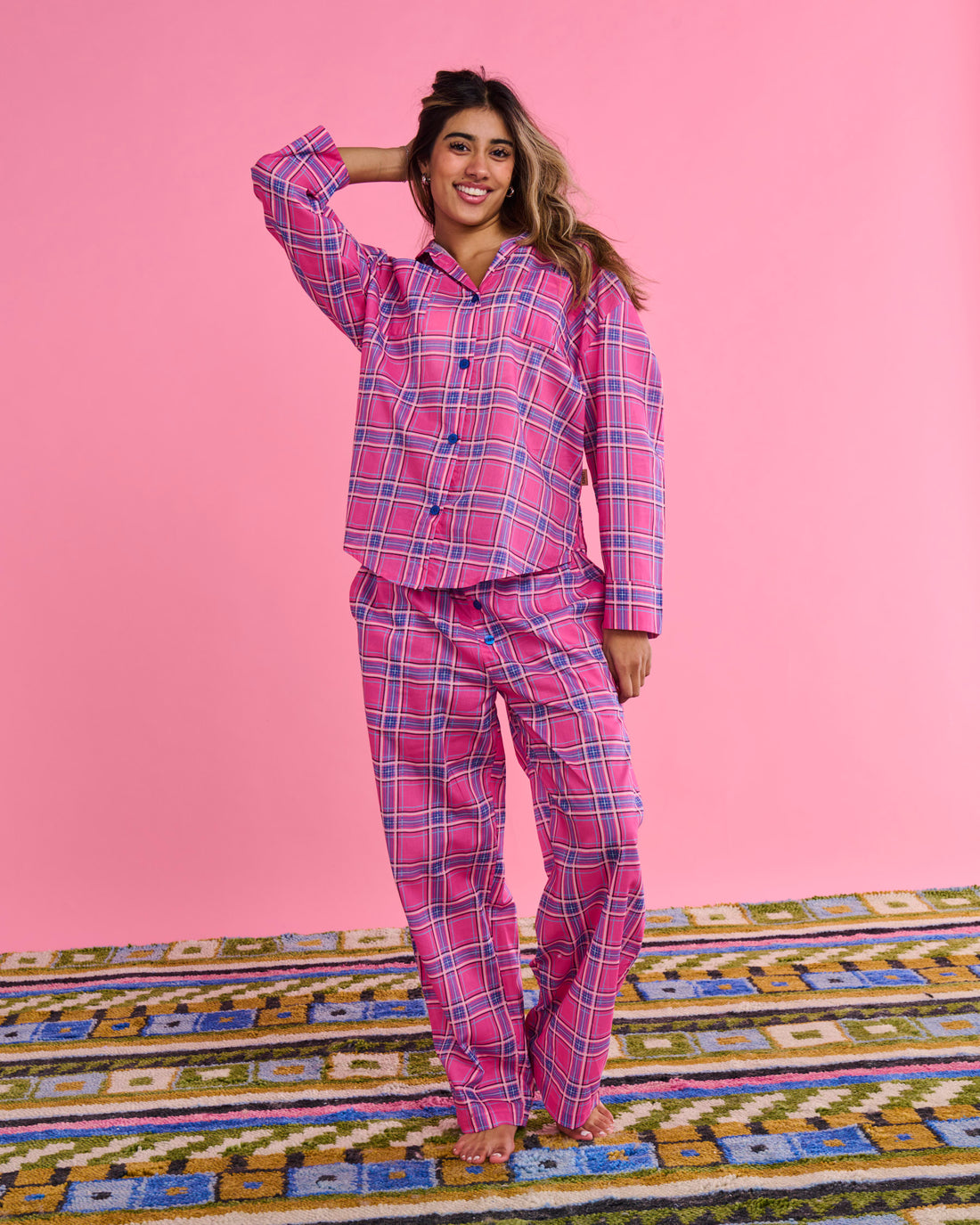 Pinky Tartan Organic Cotton Long Sleeve Shirt & Pant Pyjama Set