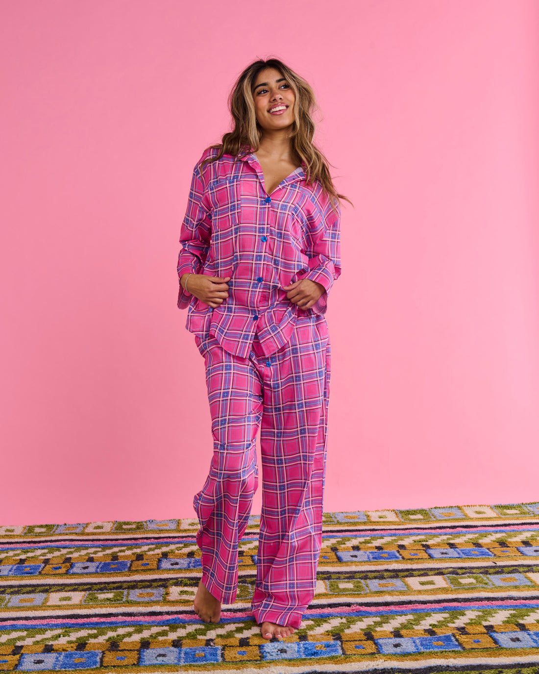 Pinky Tartan Organic Cotton Long Sleeve Shirt & Pant Pyjama Set