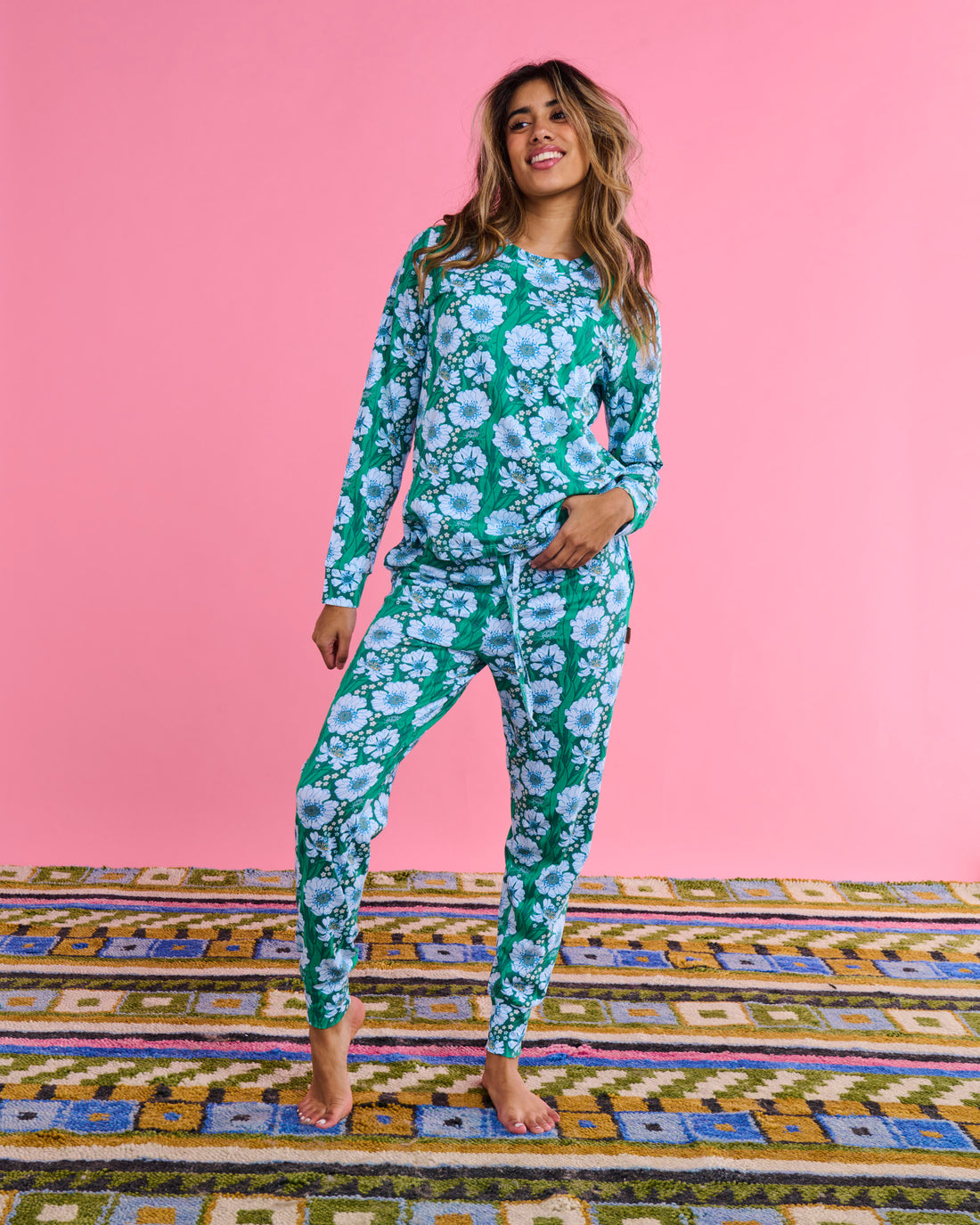 Tumbling Flowers Green Organic Cotton Long Sleeve Pyjama Top & Slouch Pant Set