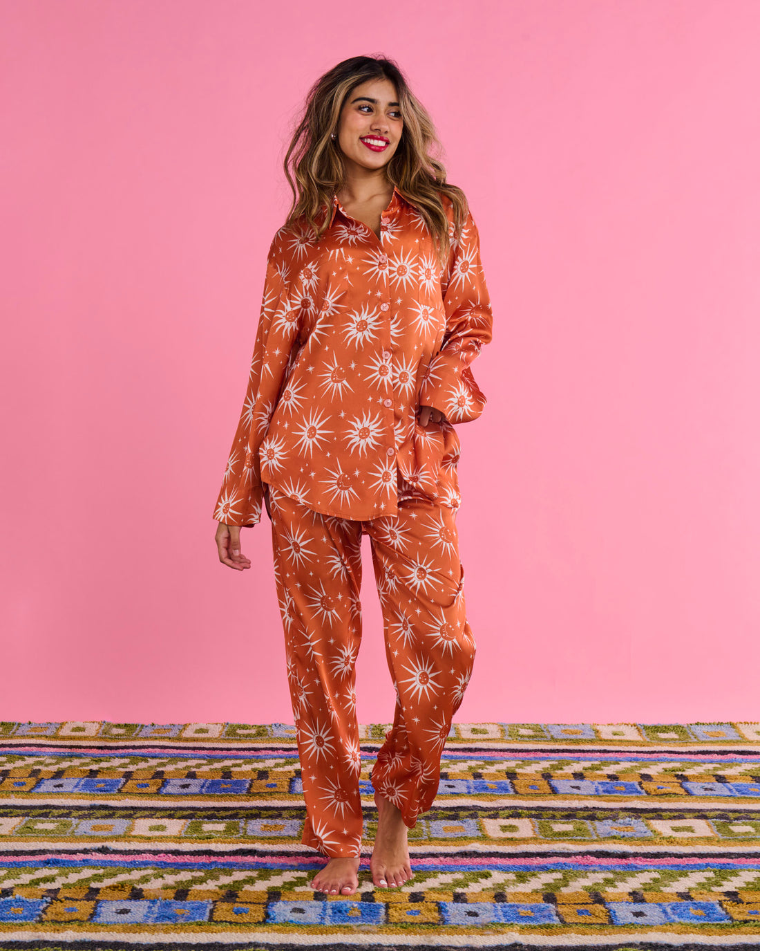 Ray Of Light Ochre Eco Satin Long Sleeve Shirt & Pant Pyjama Set