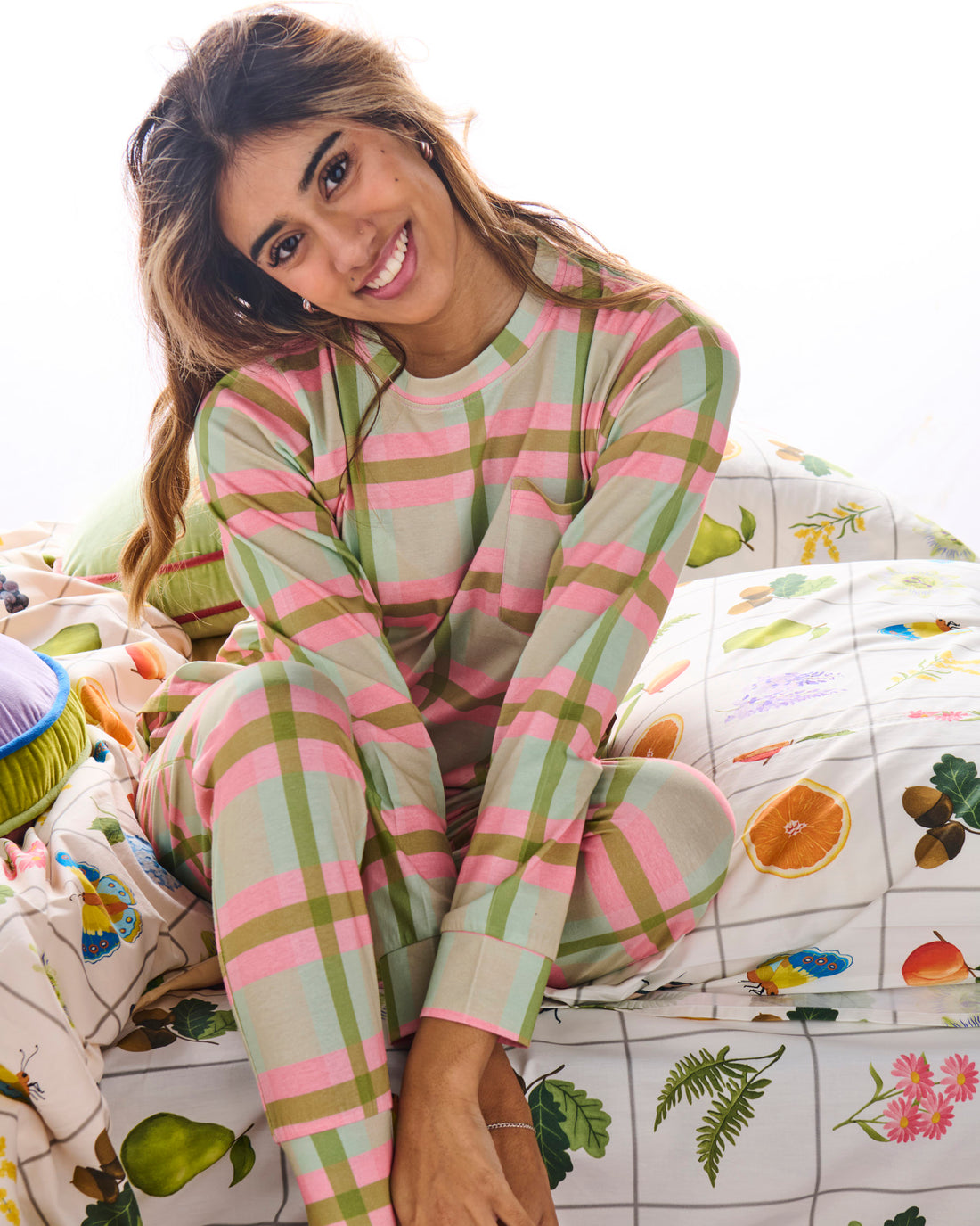 Pistachio Tartan Organic Cotton Long Sleeve Pyjama Top & Slouch Pant Set