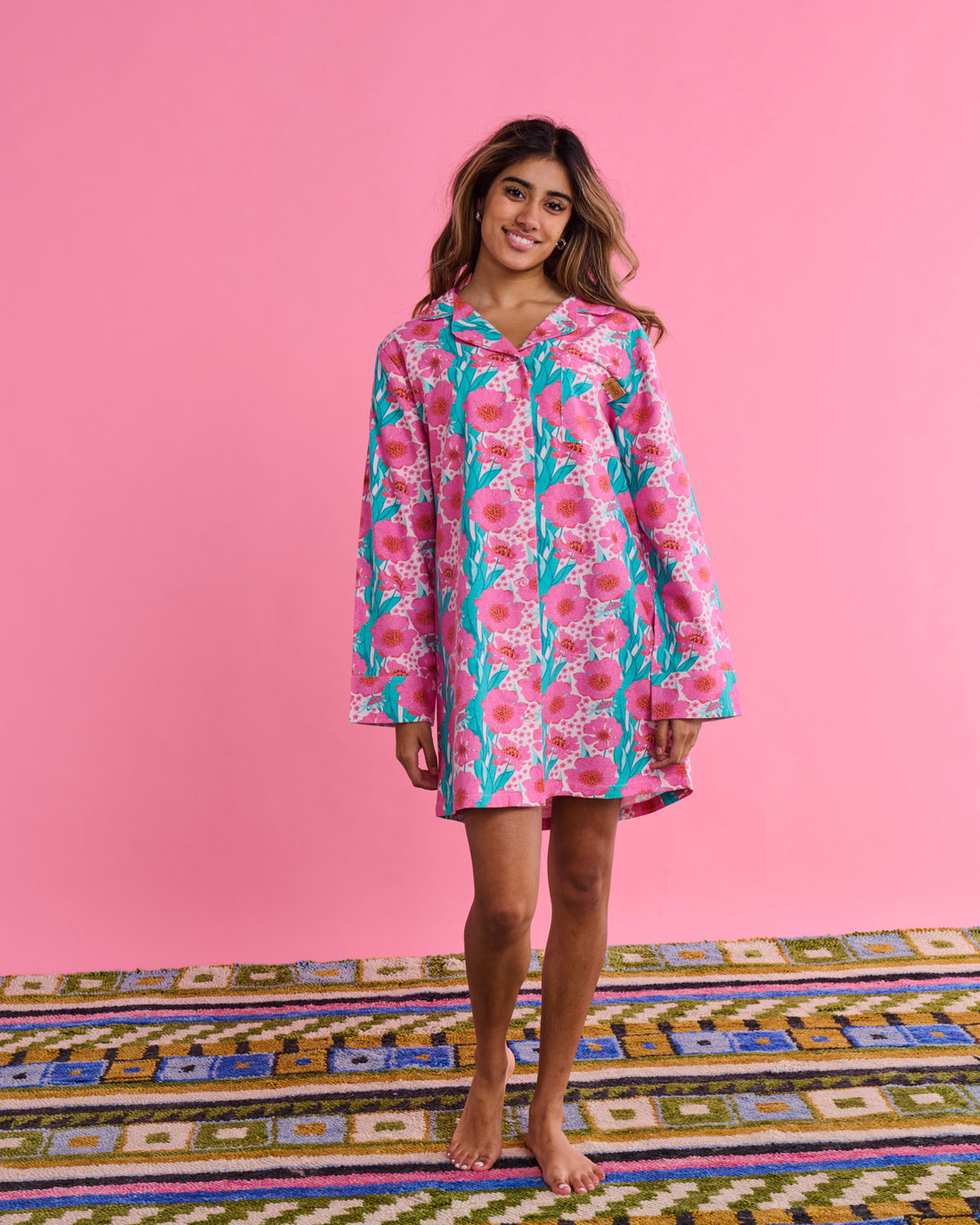 Tumbling Flowers Pink Adult Flannelette Long Sleeve Button Up Nightie