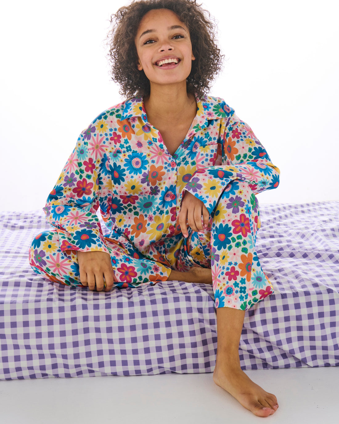 Rainbow Flowers Eco Satin Long Sleeve Shirt & Pant Pyjama Set