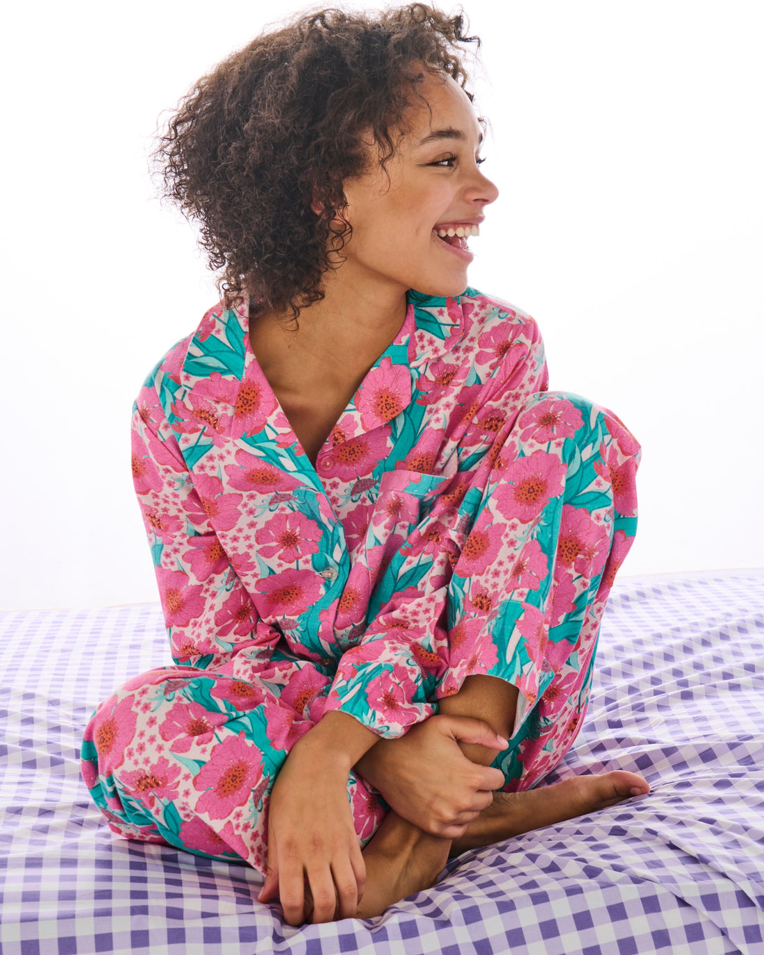 Tumbling Flowers Pink Adult Flannelette Long Sleeve Shirt & Pant Pyjama Set