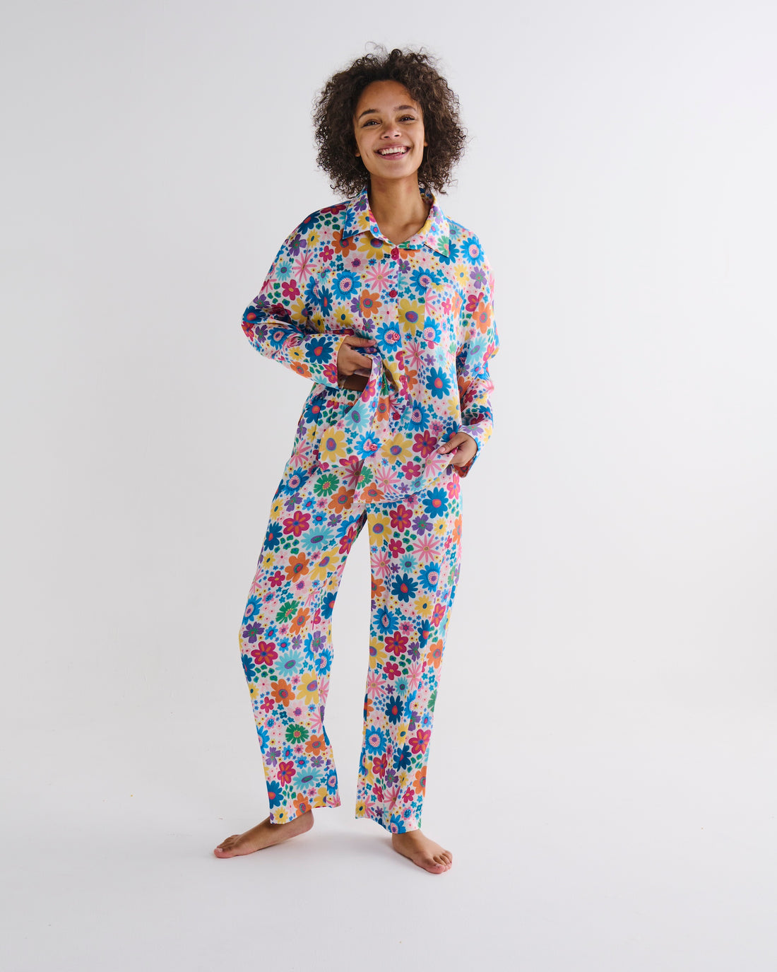 Rainbow Flowers Eco Satin Long Sleeve Shirt & Pant Pyjama Set