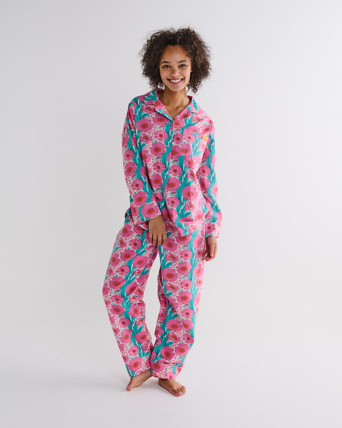 Tumbling Flowers Pink Adult Flannelette Long Sleeve Shirt & Pant Pyjama Set