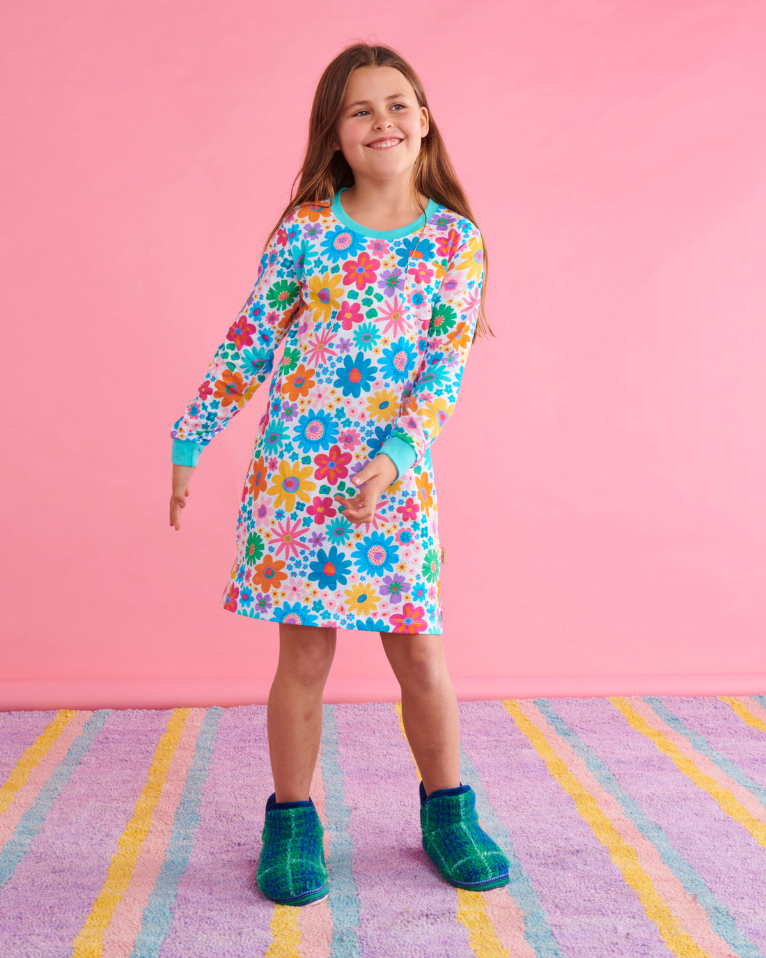 Rainbow Flowers Organic Cotton Long Sleeve Nightie