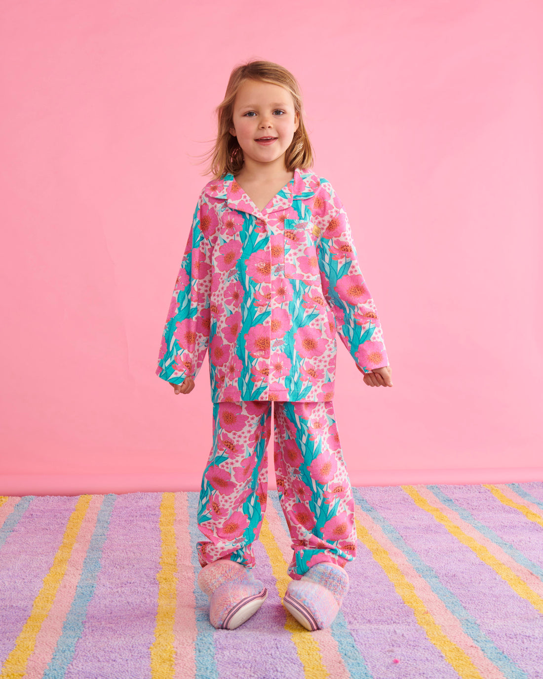 Tumbling Flowers Pink Flannelette Long Sleeve Shirt & Pant Pyjama Set