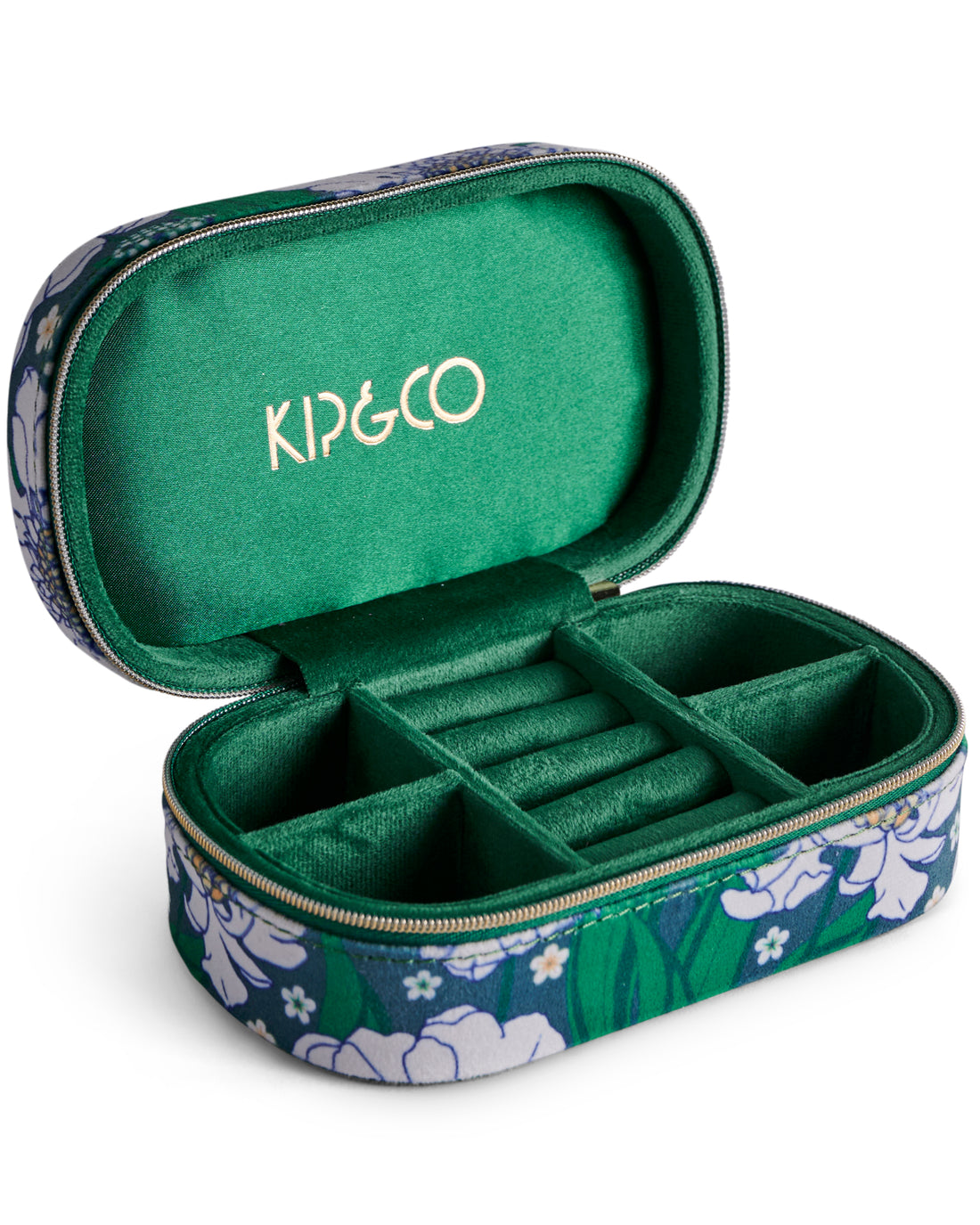 Tumbling Flowers Green Travel Velvet Jewellery Box