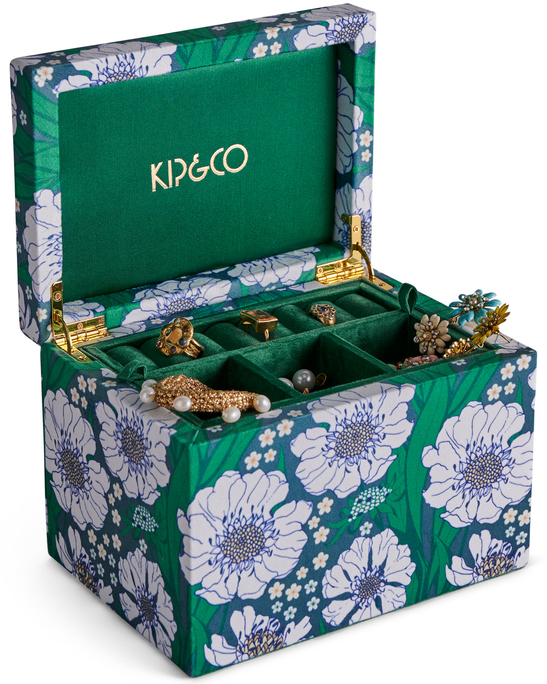 Tumbling Flowers Green Velvet Jewellery Box Large