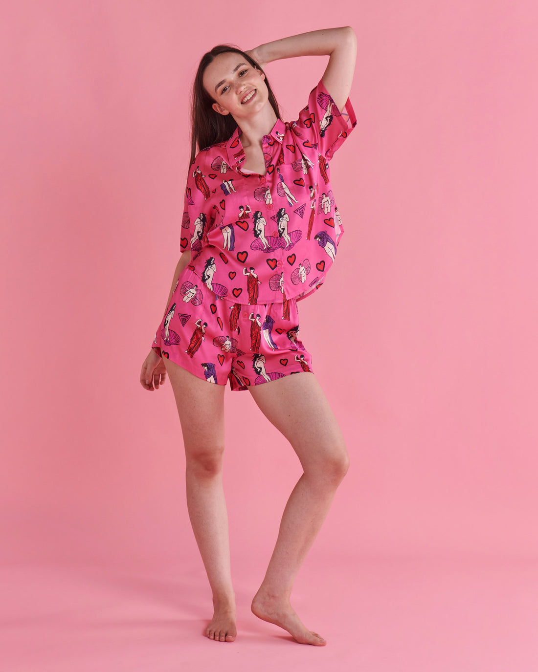 Kip&Co x Jenny Kee Pretty In Pink Satin Short Sleeve Shirt & Short Pyjama Set