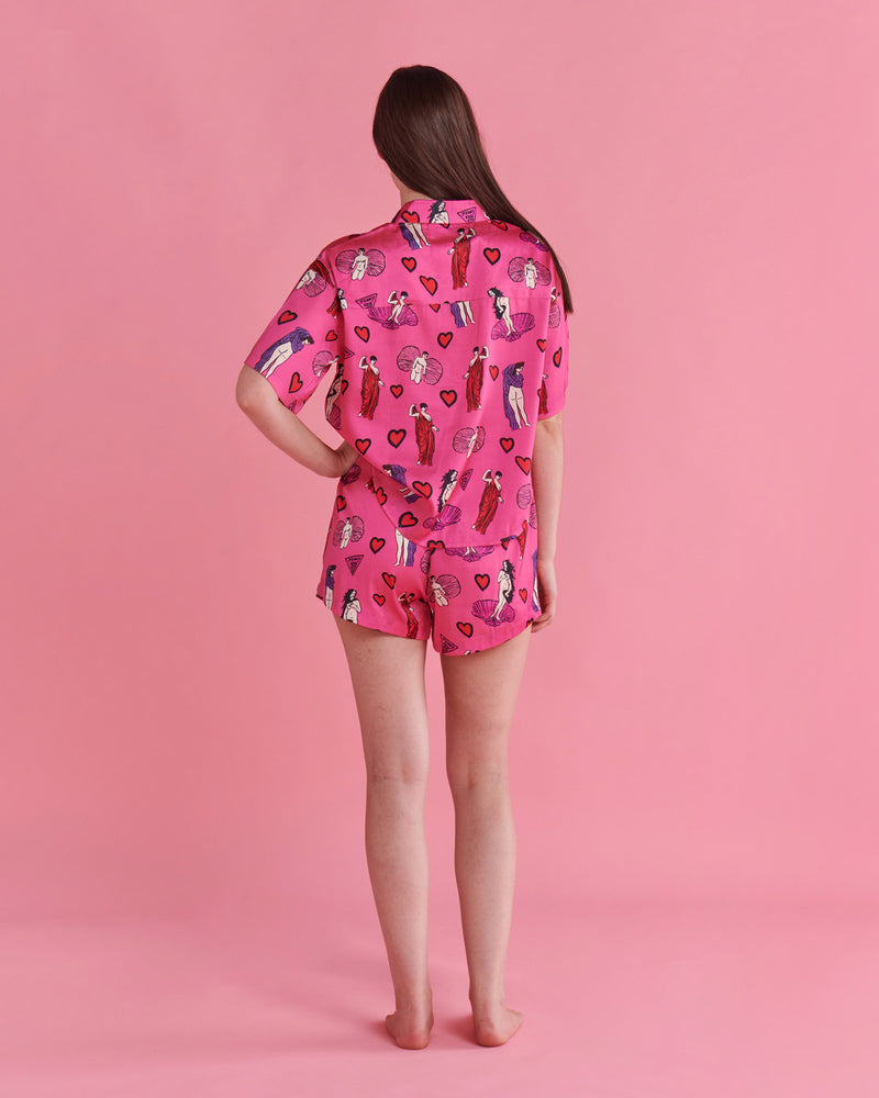 Kip&Co x Jenny Kee Pretty In Pink Satin Short Sleeve Shirt & Short Pyjama Set