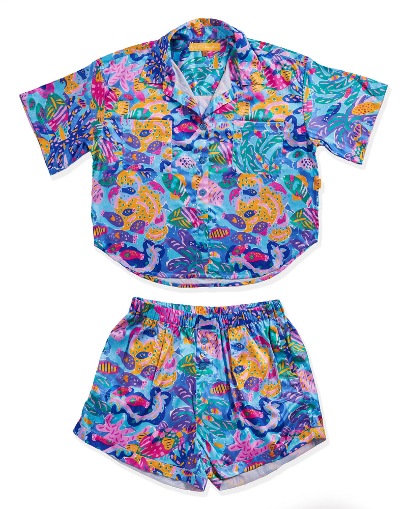 Kip&Co x Ken Done Reef Garden Satin Short Sleeve Shirt & Short Pyjama Set