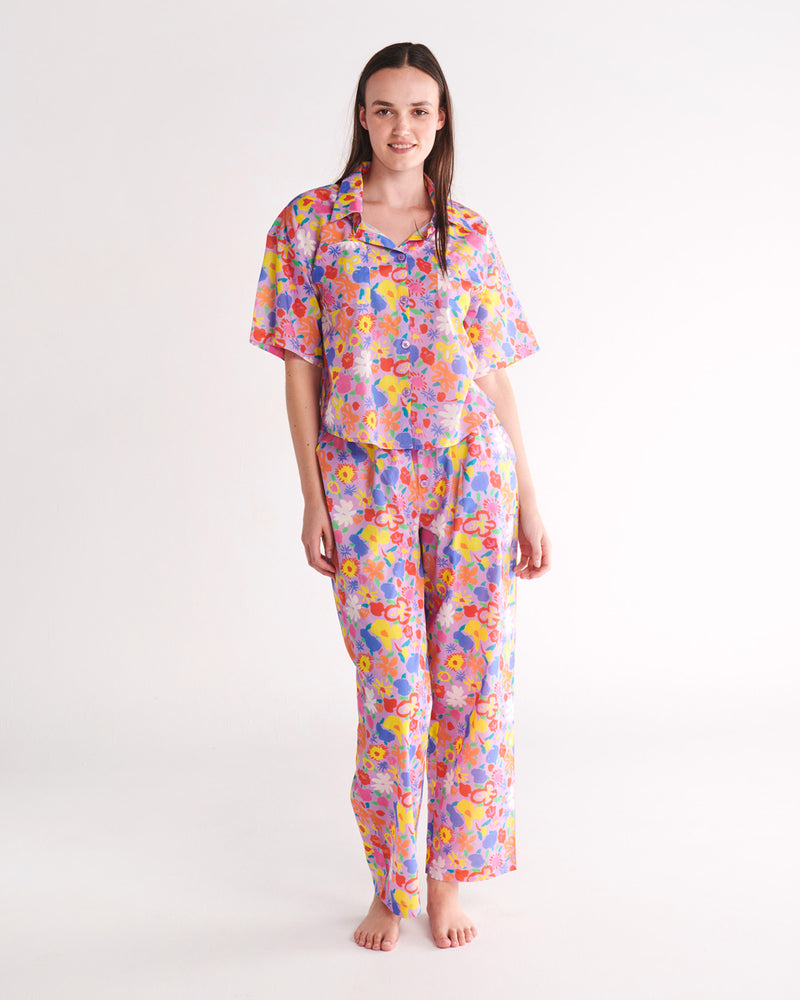 Kip&Co x Ken Done Summer Floral Lilac Organic Cotton Short Sleeve Shirt & Pant Pyjama Set