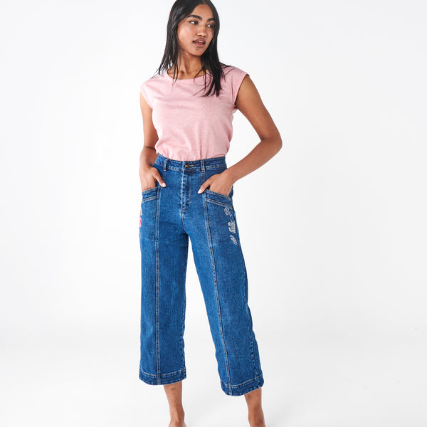 Free People Paradise Denim Crop Top & Wide Leg Trousers Set Blue