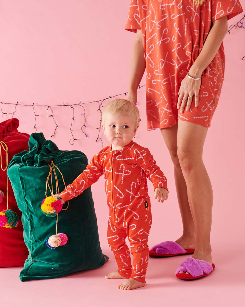 Candy Cane Red Organic Long Sleeve Zip Romper