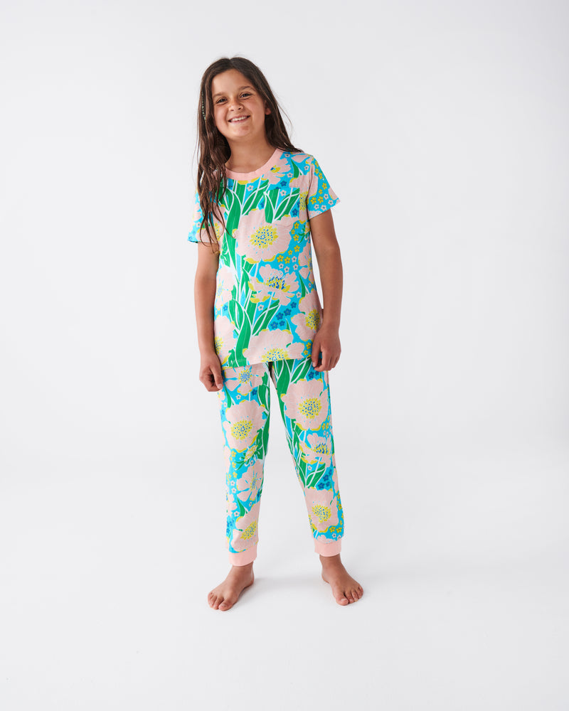 Tumbling Flowers Organic Cotton Short Sleeve Tee & Pants Pyjama Set