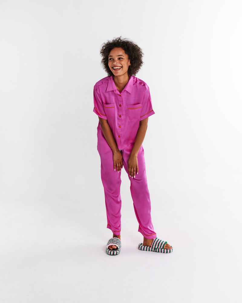 Flirty Satin Short Sleeve Shirt & Pant Pyjama Set