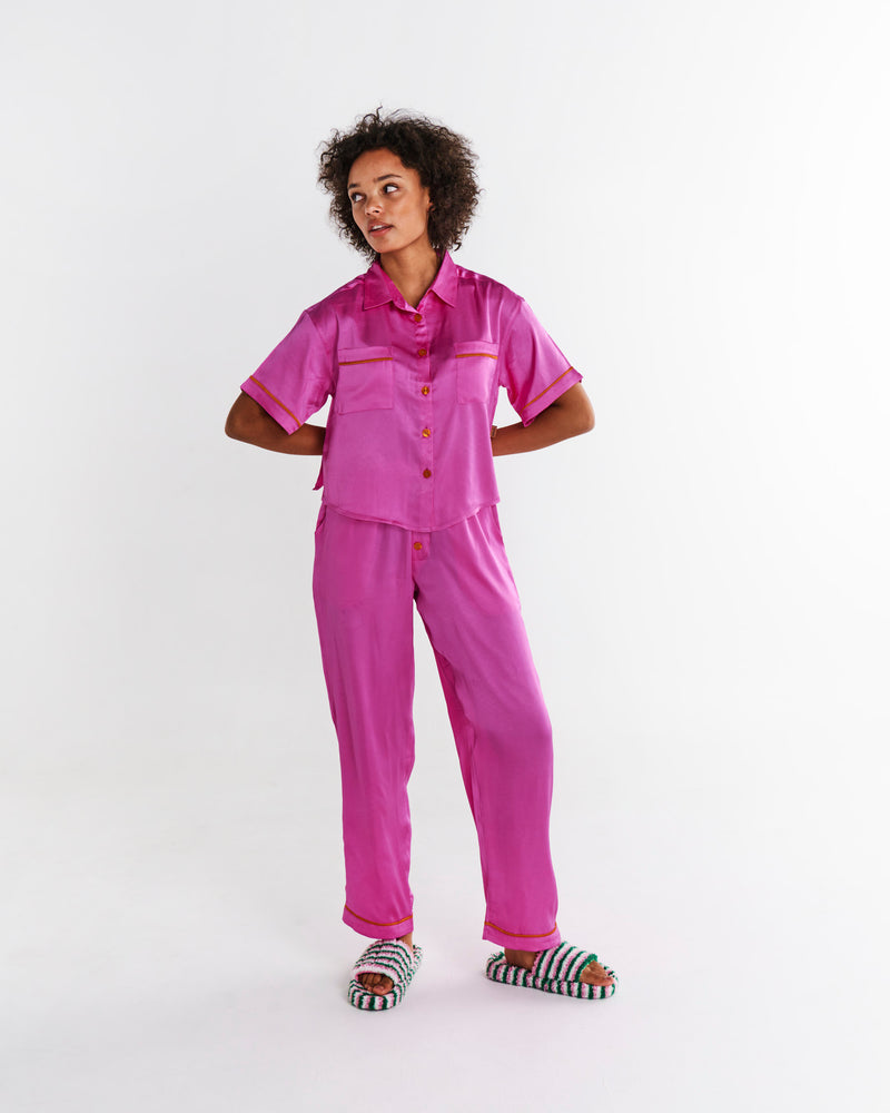 Flirty Satin Short Sleeve Shirt & Pant Pyjama Set