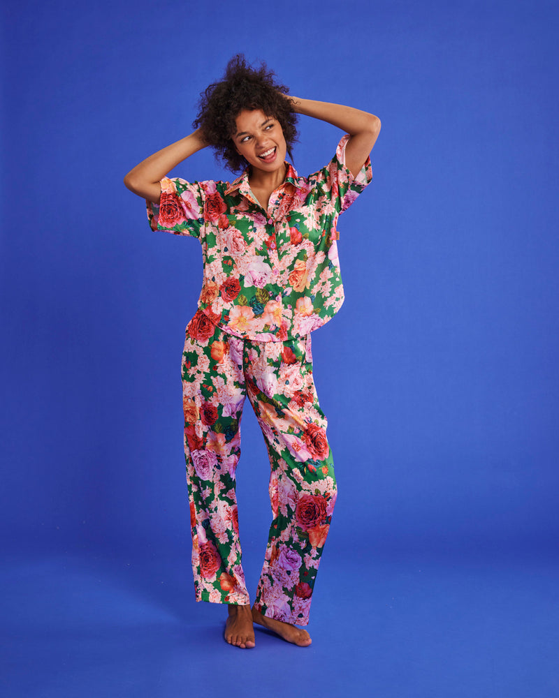 Rose Garden Satin Short Sleeve Shirt & Pant Pyjama Set