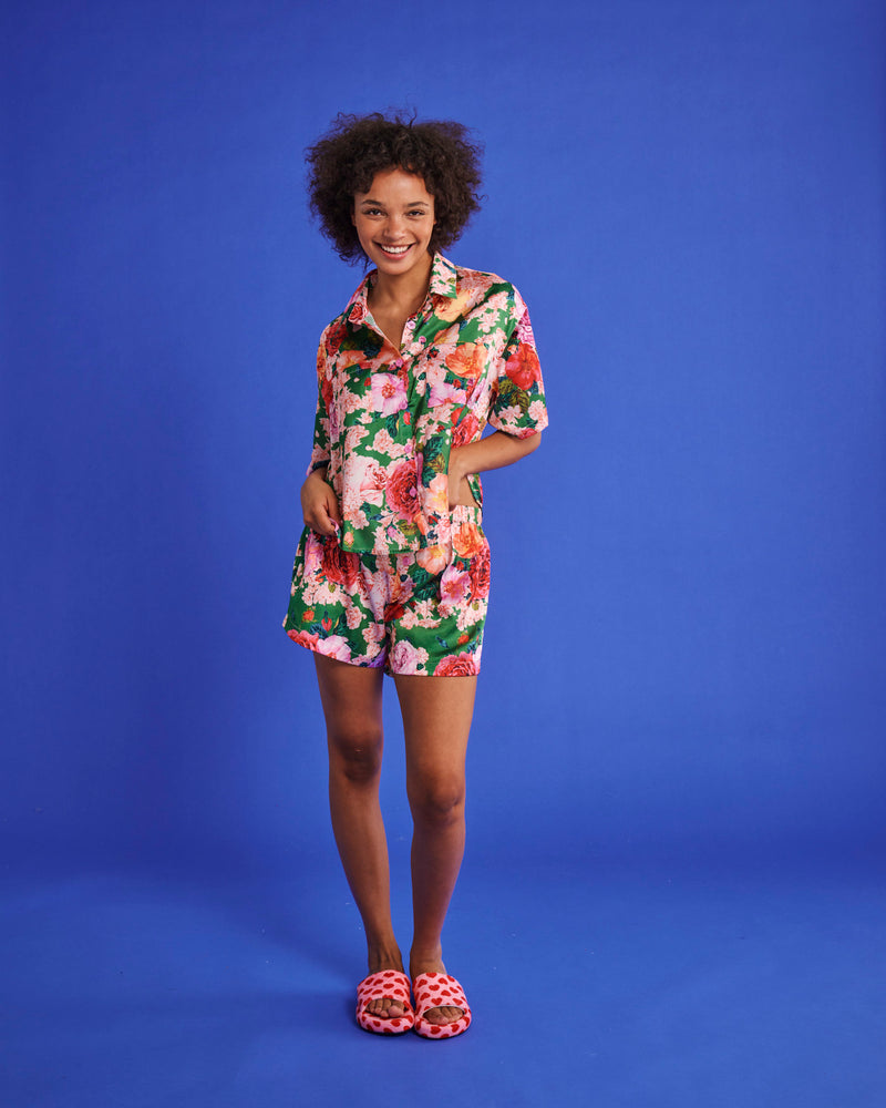 Rose Garden Satin Short Sleeve Shirt & Short Pyjama Set