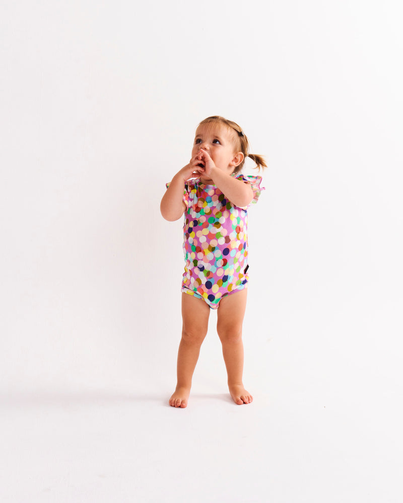 Confetti Pink Organic Short Sleeve Frill Romper