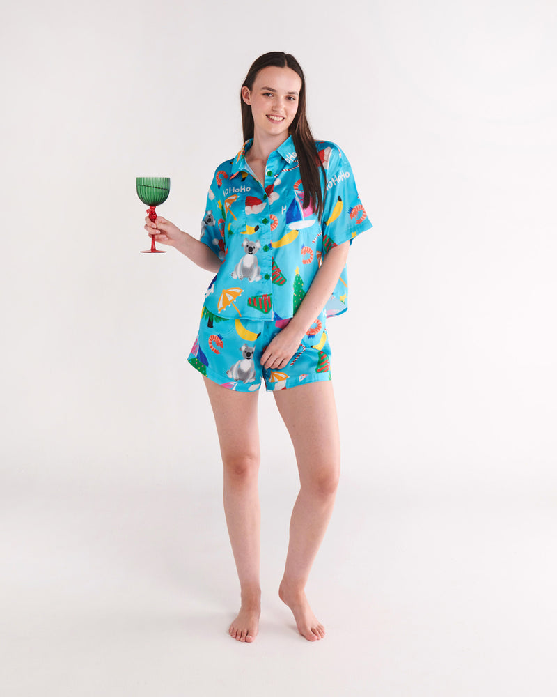 Christmas Icons Satin Short Sleeve Shirt & Short Pyjama Set