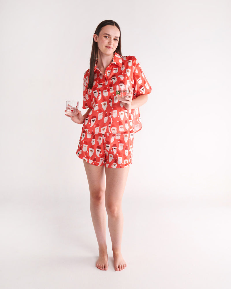 HoHoHo Red Satin Short Sleeve Shirt & Short Pyjama Set