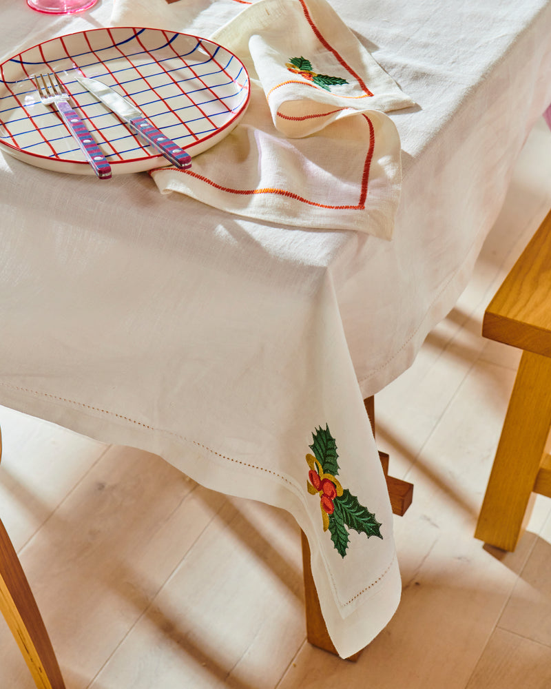 Noel Embroidered Linen Tablecloth