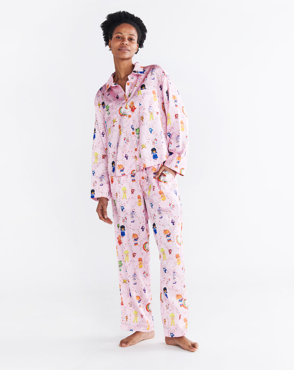Kip&Co x Rainbow Brite Star Shower Satin Adult Long Sleeve Shirt & Pant Pyjama Set