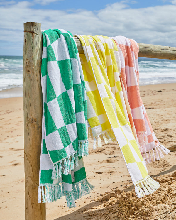 Checkerboard Green Terry Bath Sheet / Beach Towel