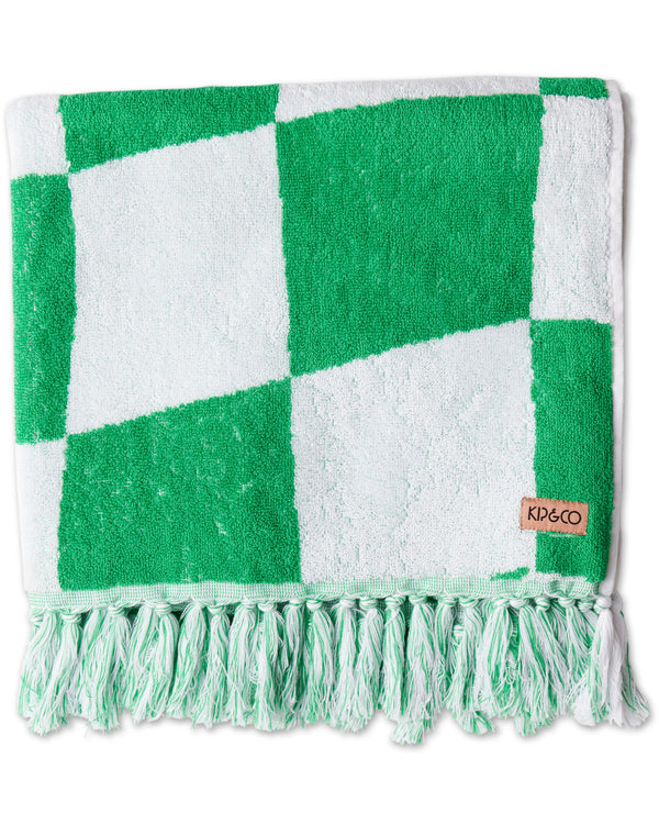 Checkerboard Green Terry Bath Sheet / Beach Towel
