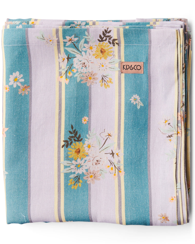 Floral Stripe Round Linen Tablecloth