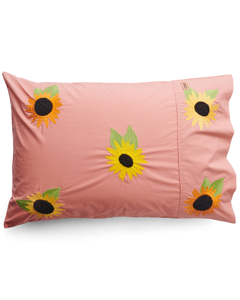 Sunflower Sunshine Embroidered Cotton Pillowcase